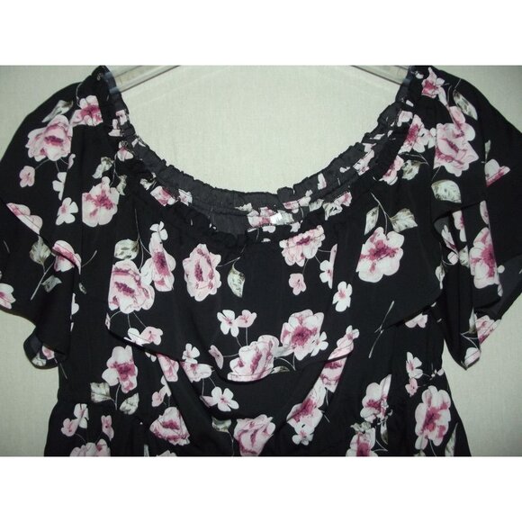 Rose Gal Romper Womens 4XL Floral Off-Shoulder Black Pink Ruffle Short Sleeve - Picture 2 of 9
